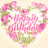 A stunning heart made of pink roses surrounds the elegant script text 'Happy Birthday Paise' on a soft beige background. Animated sparkles add a magical and festive feel.