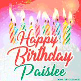 Bright birthday candles with rainbow flames on a cake, alongside the text 'Happy Birthday Paislee' in vibrant script in this celebratory animated GIF.