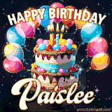 Bright birthday animation for Paislee with a chocolate cake, candles, balloons, and glowing celebratory lights.