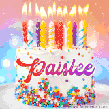 A cheerful white birthday cake with multicolor sprinkles, lit candles, and 'Paislee' written in vibrant letters, in an animated GIF.