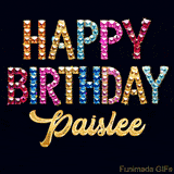 Vibrant luxury birthday greeting card for Paislee, showing glittering gemstone letters and golden calligraphy on a dark background with twinkling shine effects.