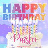 A vibrant animated name GIF with the words 'Happy Birthday Paislee' with colorful candles on a creamy cake. The background sparkles with pastel shades, adding a festive touch.