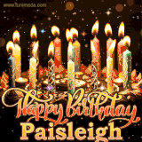 A glowing personalized birthday GIF with name Paisleigh featuring lit candles with intricate designs, warm lighting, and the text 'Happy Birthday' in an elegant font.