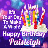 A colorful birthday GIF for Paisleigh featuring a cupcake with vibrant lit candles and the text 'It's Your Day to Make a Wish! Happy Birthday Paisleigh' in bold letters on a festive purple background.