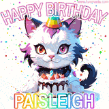 Adorable party-themed animated cat next to a lit birthday cake with text that says 'Happy Birthday Paisleigh,' surrounded by colorful decorations and sparkles.