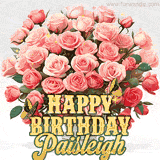 Golden 'Happy Birthday Paisleigh' text beneath a vibrant bouquet of orange roses, complete with glittering butterflies and sparkling details.