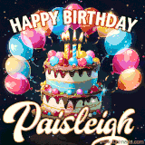 Bright birthday animation for Paisleigh with a chocolate cake, candles, balloons, and glowing celebratory lights.