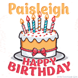 Cartoon birthday cake with a red bow, glowing candles, and 'Paisleigh Happy Birthday' text in bold animated style.