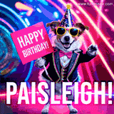 Animated GIF of a cool dog wearing a suit and sunglasses, holding a 'Happy Birthday' sign for Paisleigh, set against a bright and colorful neon party background.