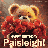 Cinematic style cute animated teddy bear with charming features holding a large bouquet of red roses, the words say 'Happy Birthday Paisleigh' in sans serif font.