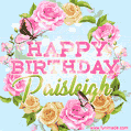 A charming animated GIF featuring 'Happy Birthday Paisleigh' in pink and green text, surrounded by delicate roses, leaves, and fluttering butterflies on a soft light blue pastel background.
