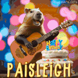 Animated birthday GIF showing a capybara playing guitar and singing beside a birthday cake with the name Paisleigh in large letters and colorful bokeh lights in the background.