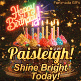 Festive chocolate cake GIF with the name Paisleigh! written on the dark glaze under flickering candles.