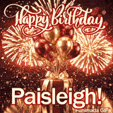Bright birthday GIF with Paisleighs name, decorated with a red gift box, gold ribbons, and exploding sparklers.