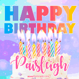 A vibrant animated name GIF with the words 'Happy Birthday Paisleigh' with colorful candles on a creamy cake. The background sparkles with pastel shades, adding a festive touch.