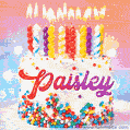 Personalized for Paisley  elegant birthday cake adorned with rainbow sprinkles, colorful candles and glitter