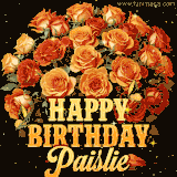 Animated bouquet of orange roses with moving butterfles and golden 'Happy Birthday Paislie' text, surrounded by sparkling accents and a dark backdrop for a luxurious feel.