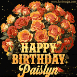 Animated bouquet of orange roses with moving butterfles and golden 'Happy Birthday Paislyn' text, surrounded by sparkling accents and a dark backdrop for a luxurious feel.