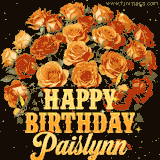 Animated bouquet of orange roses with moving butterfles and golden 'Happy Birthday Paislynn' text, surrounded by sparkling accents and a dark backdrop for a luxurious feel.