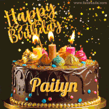A delightful chocolate birthday cake with bright candles and 'Happy Birthday Paityn' written in gold amidst a shower of animated stars.