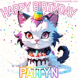 Adorable party-themed animated cat next to a lit birthday cake with text that says 'Happy Birthday Paityn,' surrounded by colorful decorations and sparkles.
