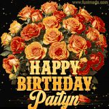 Animated bouquet of orange roses with moving butterfles and golden 'Happy Birthday Paityn' text, surrounded by sparkling accents and a dark backdrop for a luxurious feel.
