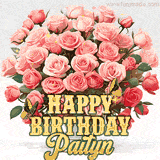 Golden 'Happy Birthday Paityn' text beneath a vibrant bouquet of orange roses, complete with glittering butterflies and sparkling details.