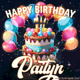 Bright birthday animation for Paityn with a chocolate cake, candles, balloons, and glowing celebratory lights.