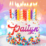 A cheerful white birthday cake with multicolor sprinkles, lit candles, and 'Paityn' written in vibrant letters, in an animated GIF.