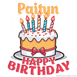 Cartoon birthday cake with a red bow, glowing candles, and 'Paityn Happy Birthday' text in bold animated style.