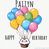 An adorable and cute cupcake with a smiley face and moving colorful balloons create a joyful birthday greeting for Paityn in this cheerful animated greeting E-card.