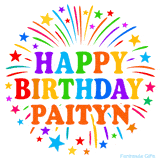 Happy Birthday Paityn' GIF with rainbow-colored letters, colorful stars, and fireworks on white background.