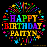 Personalized greeting card with name, colorful text that says 'Happy Birthday Paityn' surrounded by animated fireworks and multicolor stars