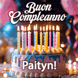 Birthday cake topped with pink and yellow lit candles, surrounded by glowing bokeh lights and party balloons. The greeting 'Buon Compleanno Paityn GIF!' is displayed.