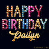 Vibrant luxury birthday greeting card for Paityn, showing glittering gemstone letters and golden calligraphy on a dark background with twinkling shine effects.
