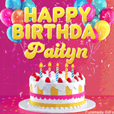Pink-themed animated greeting with balloons, confetti, and a frosted cake under the message 'Happy Birthday Paityn' in bold rounded yellow font.