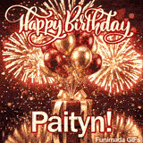 Beautiful ecard for Paityn showcasing red and gold helium balloons and spectacular exploding fireworks.