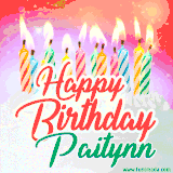 Bright birthday candles with rainbow flames on a cake, alongside the text 'Happy Birthday Paitynn' in vibrant script in this celebratory animated GIF.