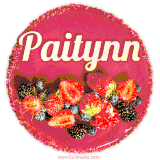 Beautifully decorated red velvet berry birthday cake with vibrant fruits and a glowing 'Paitynn' name, adding a touch of sweetness and sparkle.