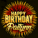 Golden 'Happy Birthday Paitynn' text accompanied by animated rainbow fireworks for a festive animated greeting.
