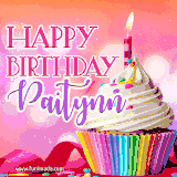 A vibrant birthday GIF featuring a rainbow-colored cupcake topped with white frosting, sprinkles, and a lit candle. The text reads 'Happy Birthday Paitynn' in bold pink and violet letters with white outline.