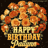 Animated bouquet of orange roses with moving butterfles and golden 'Happy Birthday Paitynn' text, surrounded by sparkling accents and a dark backdrop for a luxurious feel.