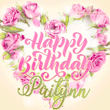 A stunning heart made of pink roses surrounds the elegant script text 'Happy Birthday Paitynn' on a soft beige background. Animated sparkles add a magical and festive feel.