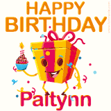 A vibrant and funny gift box character with a happy face dancing with a cupcake and the text 'Happy Birthday Paitynn,' surrounded by animated confetti and party vibes.