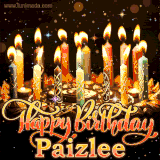 A glowing personalized birthday GIF with name Paizlee featuring lit candles with intricate designs, warm lighting, and the text 'Happy Birthday' in an elegant font.