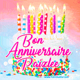 A white birthday cake covered in colorful sprinkles, topped with bright candles, and French text 'Bon Anniversaire Paizlee' on a pastel gradient background in an animated GIF.