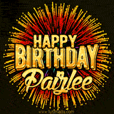 Golden 'Happy Birthday Paizlee' text accompanied by animated rainbow fireworks for a festive animated greeting.