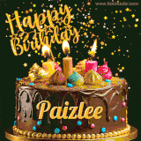 A delightful chocolate birthday cake with bright candles and 'Happy Birthday Paizlee' written in gold amidst a shower of animated stars.