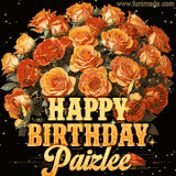 Animated bouquet of orange roses with moving butterfles and golden 'Happy Birthday Paizlee' text, surrounded by sparkling accents and a dark backdrop for a luxurious feel.