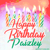 Bright birthday candles with rainbow flames on a cake, alongside the text 'Happy Birthday Paizley' in vibrant script in this celebratory animated GIF.